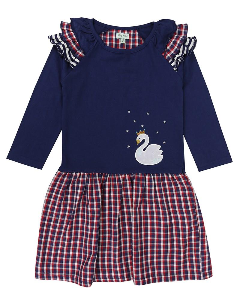 Swan Applique Check Dress