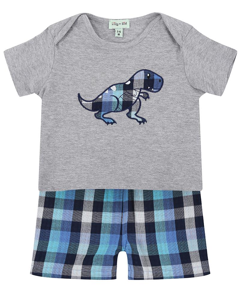Reversible Applique Dino Short Set- Check Woven