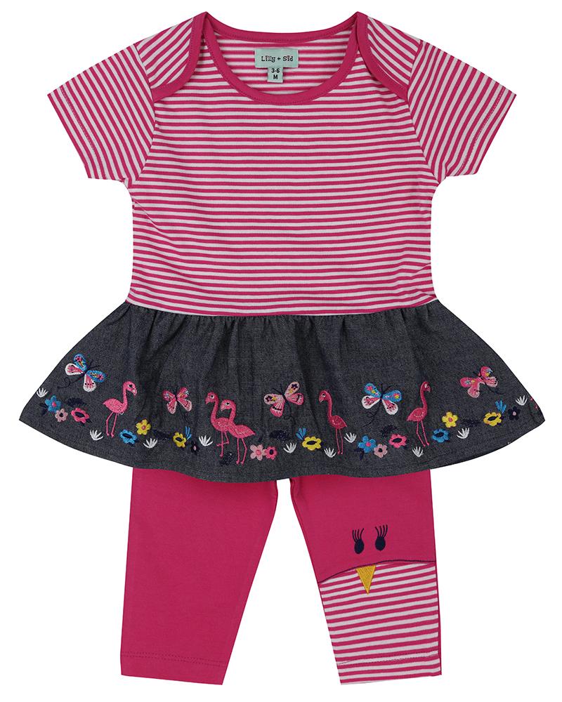 Chambray Skirt Dress Set- Flamingo Applique