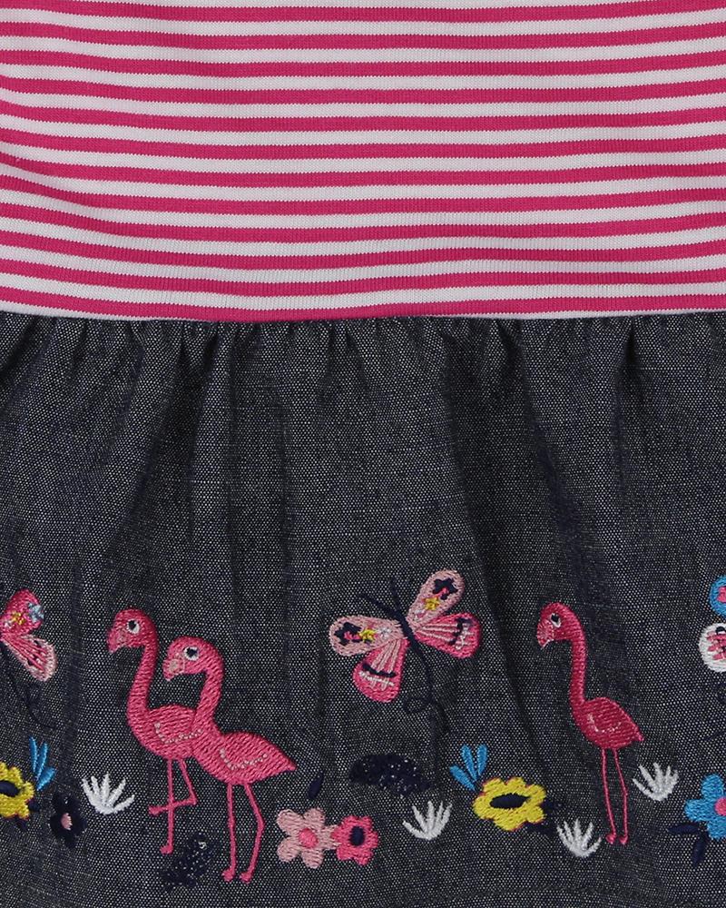Chambray Skirt Dress Set- Flamingo Applique