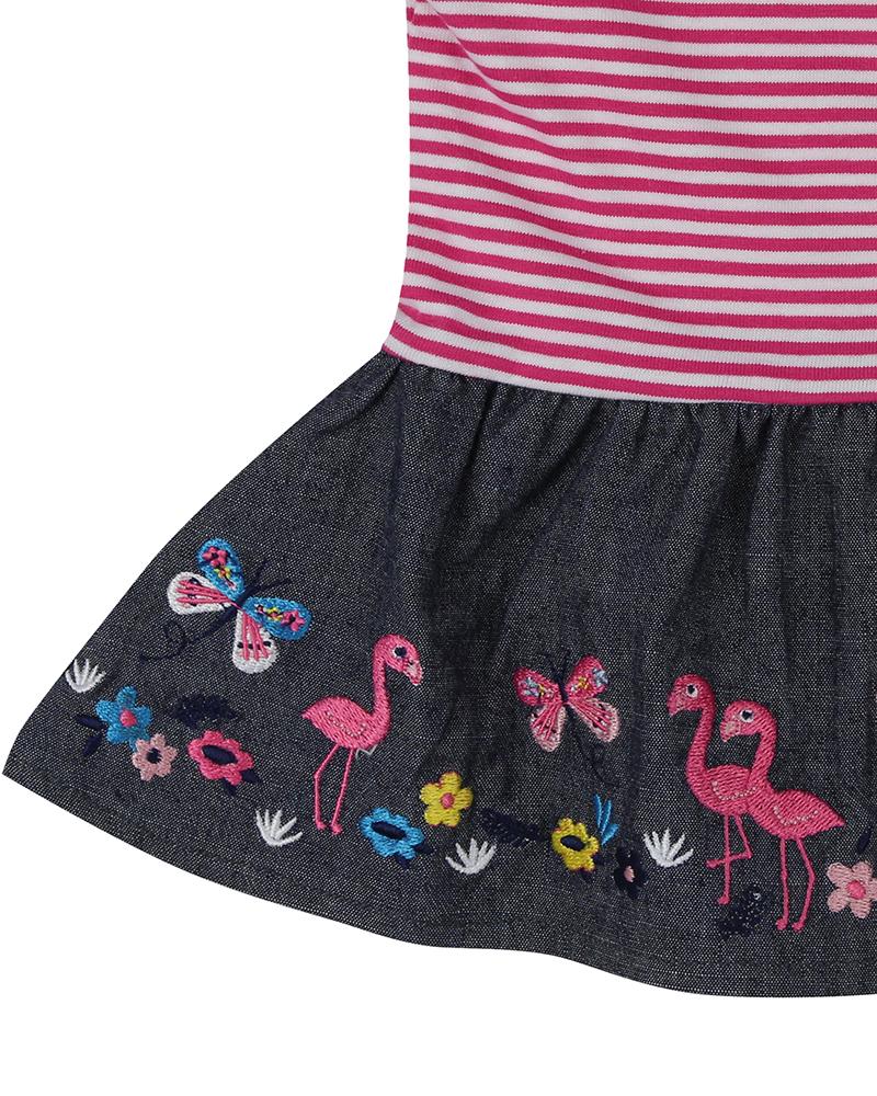 Chambray Skirt Dress Set- Flamingo Applique