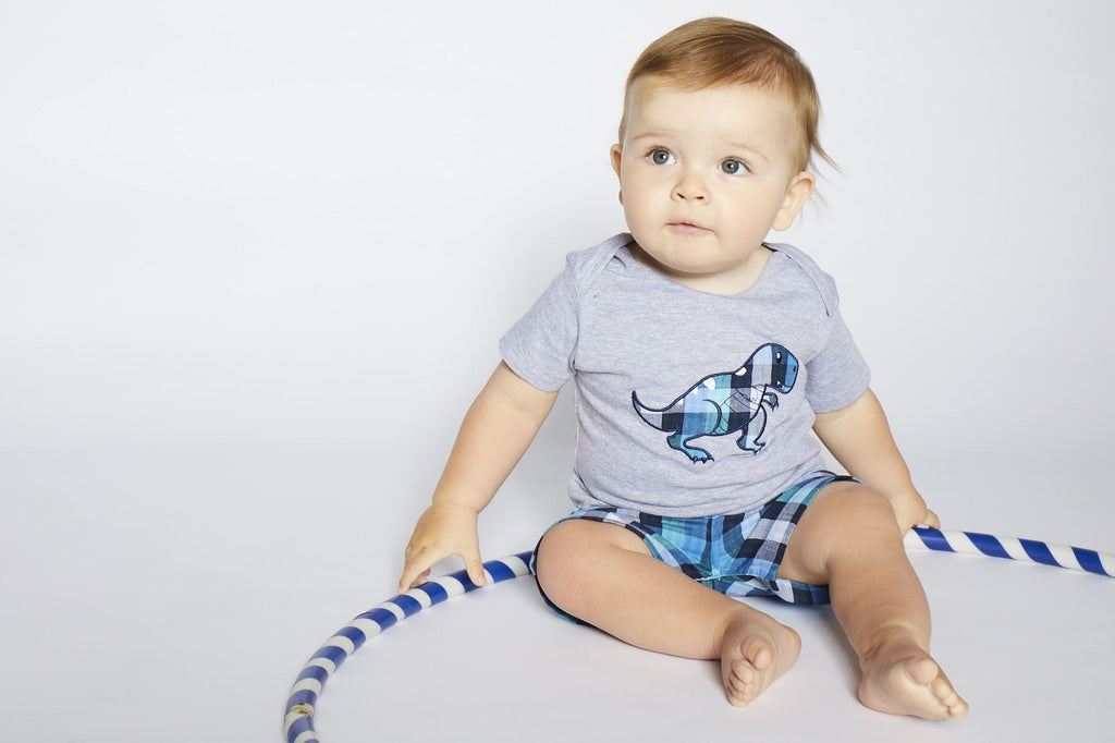 Reversible Applique Dino Short Set- Check Woven